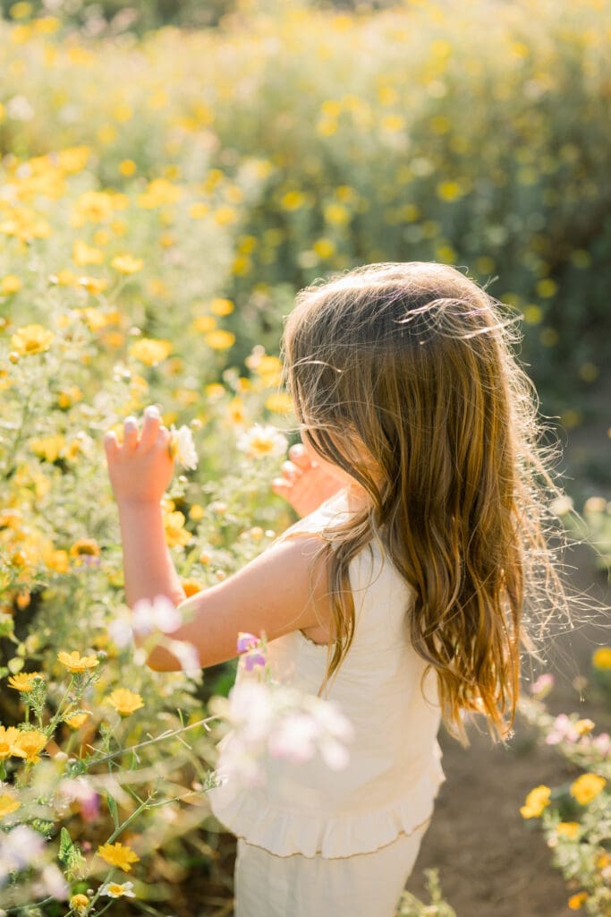 A little girl looking at the wildflowers in Palos Verdes.