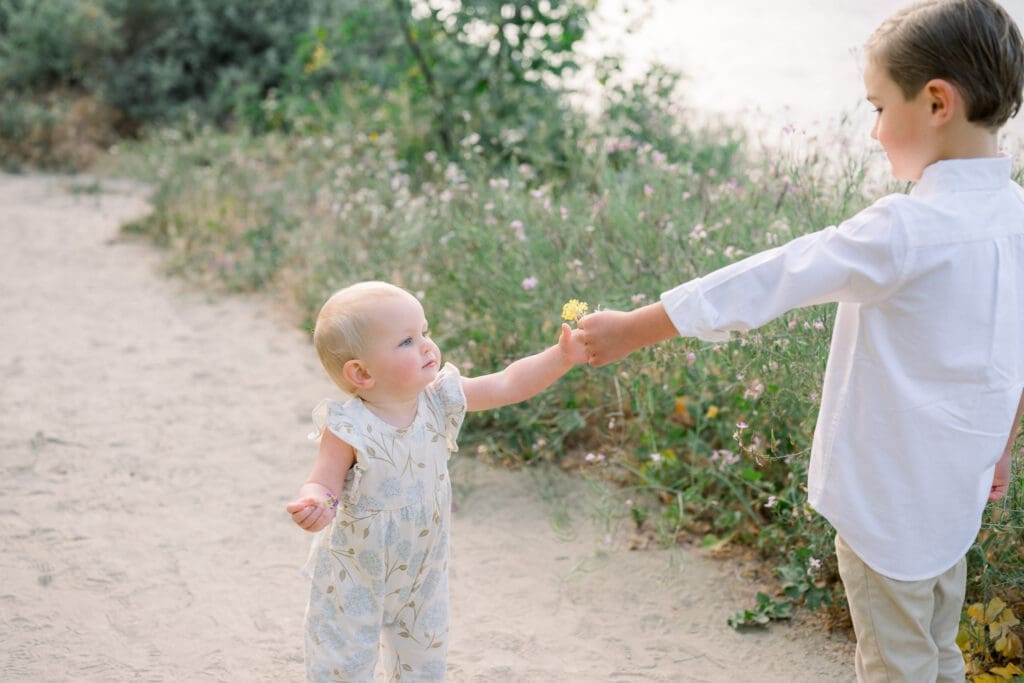 A little girl giving her brother a flower at the beach.