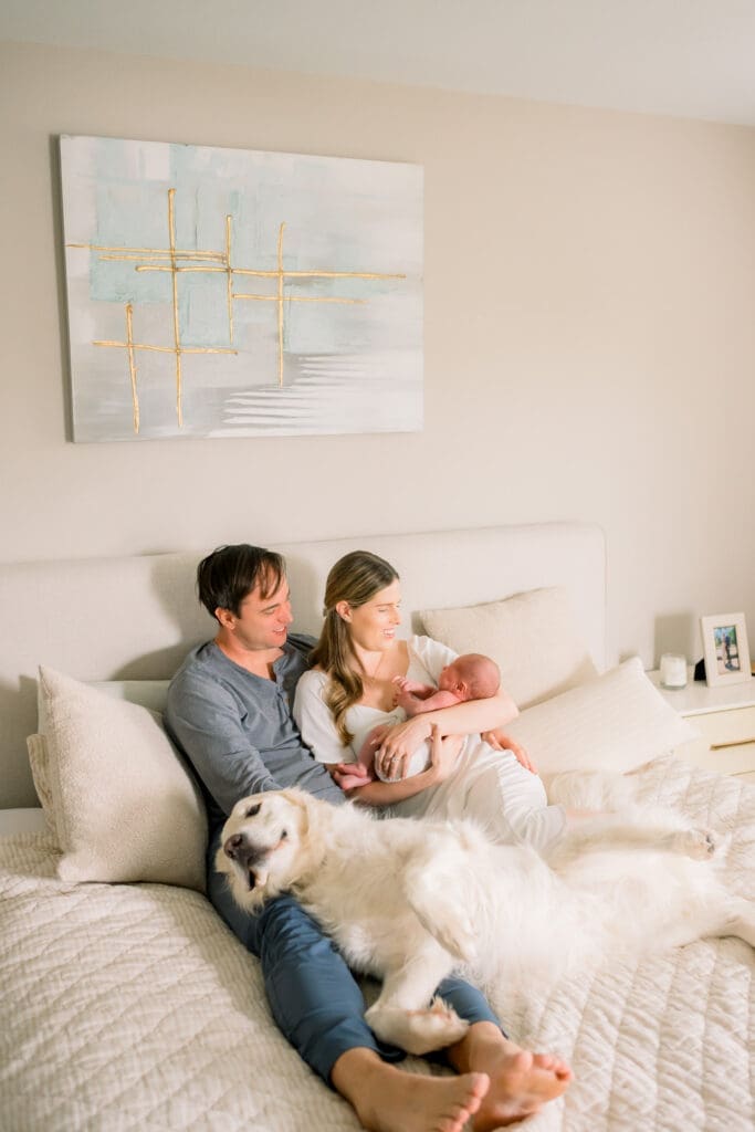A family snuggled on the bed with their newborn baby and dog while taking newborn photos.