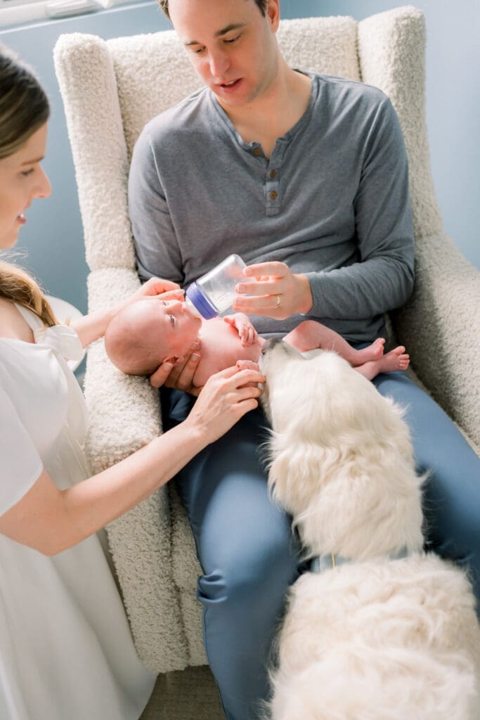 A dad feeding his newborn baby while their dog looks on.